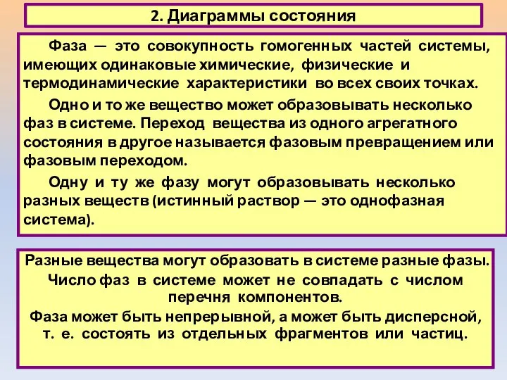 2. Диаграммы состояния Фаза — это совокупность гомогенных частей системы, имеющих