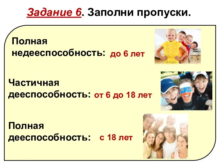 Полная недееспособность: Частичная дееспособность: Полная дееспо­собность: Задание 6. Заполни пропуски. до