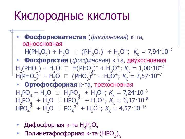 Кислородные кислоты Фосфорноватистая (фосфоновая) к-та, одноосновная H(PH2O2) + H2O ⮀ (PH2O2)−