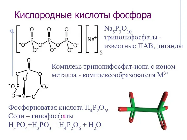 Кислородные кислоты фосфора Na5P3O10 триполифосфаты - известные ПАВ, лиганды Комплекс триполифосфат-иона