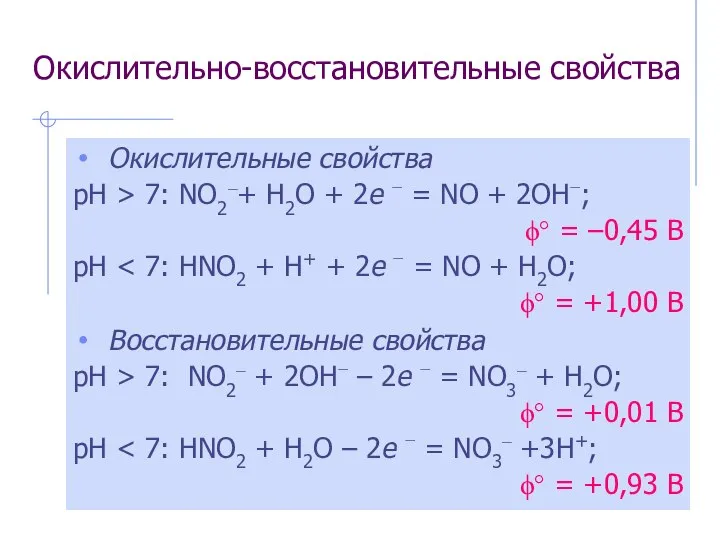 Окислительно-восстановительные свойства Окислительные свойства рН > 7: NO2–+ H2O + 2e