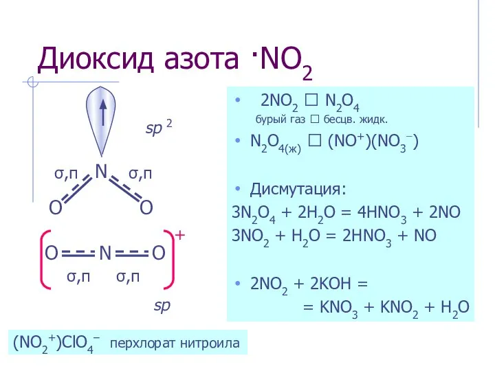 Диоксид азота ·NO2 2NO2 ⮀ N2O4 бурый газ ⮀ бесцв. жидк.