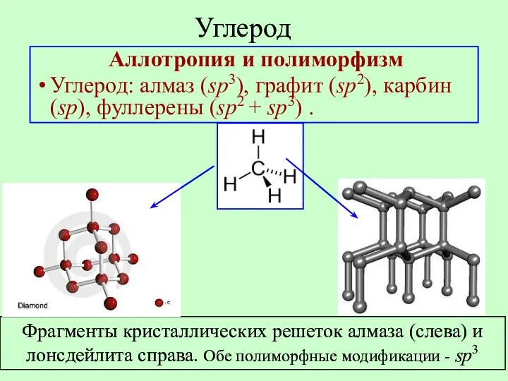 Углерод Аллотропия и полиморфизм Углерод: алмаз (sp3), графит (sp2), карбин (sp),