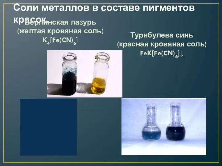 Соли металлов в составе пигментов красок. Берлинская лазурь (желтая кровяная соль)