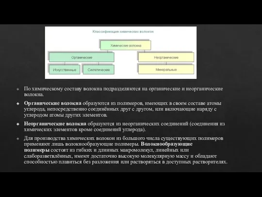 По химическому составу волокна подразделяются на органические и неорганические волокна. Органические