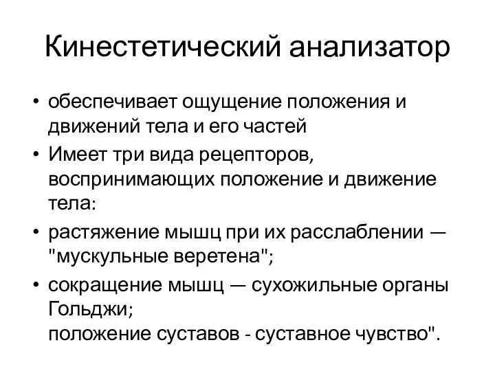 Кинестетический анализатор обеспечивает ощущение положения и движений тела и его частей