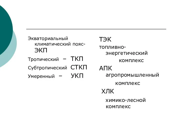 Экваториальный климатический пояс- ЭКП Тропический – ТКП Субтропический СТКП Умеренный –