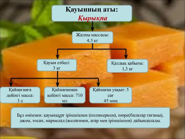 Қауынның аты: Қырықпа Жалпы массасы: 4,3 кг Қауын езбесі: 3 кг