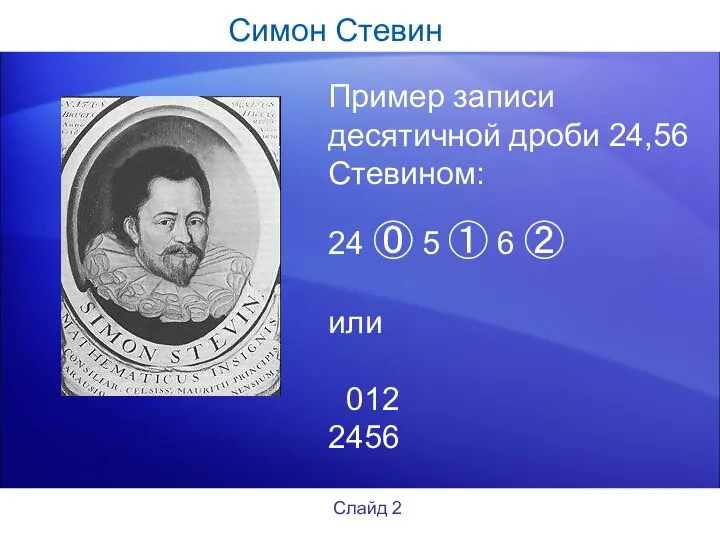 Симон Стевин Пример записи десятичной дроби 24,56 Стевином: 24 ⓪ 5