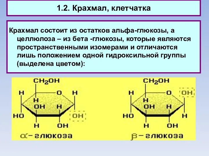 1.2. Крахмал, клетчатка Крахмал состоит из остатков альфа-глюкозы, а целлюлоза –