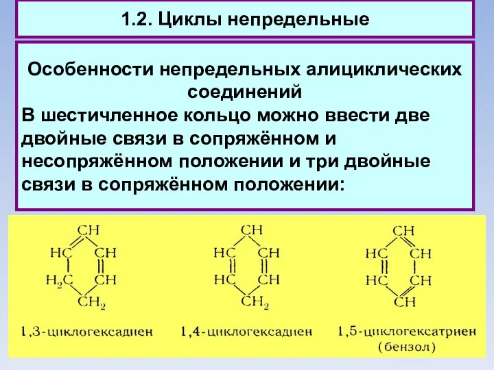 1.2. Циклы непредельные Особенности непредельных алициклических соединений В шестичленное кольцо можно