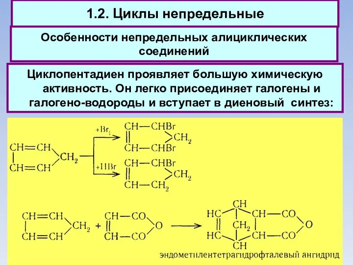 1.2. Циклы непредельные Особенности непредельных алициклических соединений Циклопентадиен проявляет большую химическую