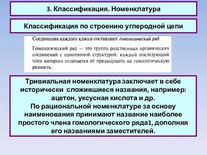 3. Классификация. Номенклатура Классификация по строению углеродной цепи Тривиальная номенклатура заключает