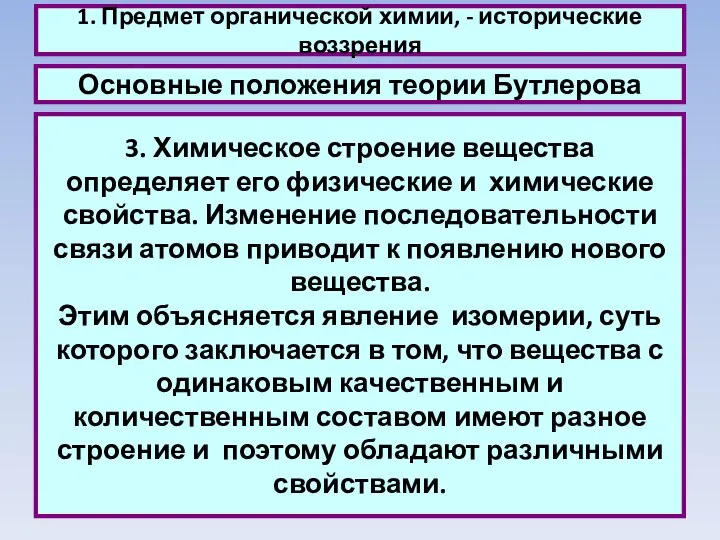 1. Предмет органической химии, - исторические воззрения Основные положения теории Бутлерова