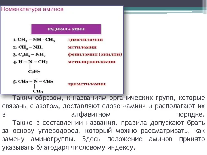 Таким образом, к названиям органических групп, которые связаны с азотом, доставляют