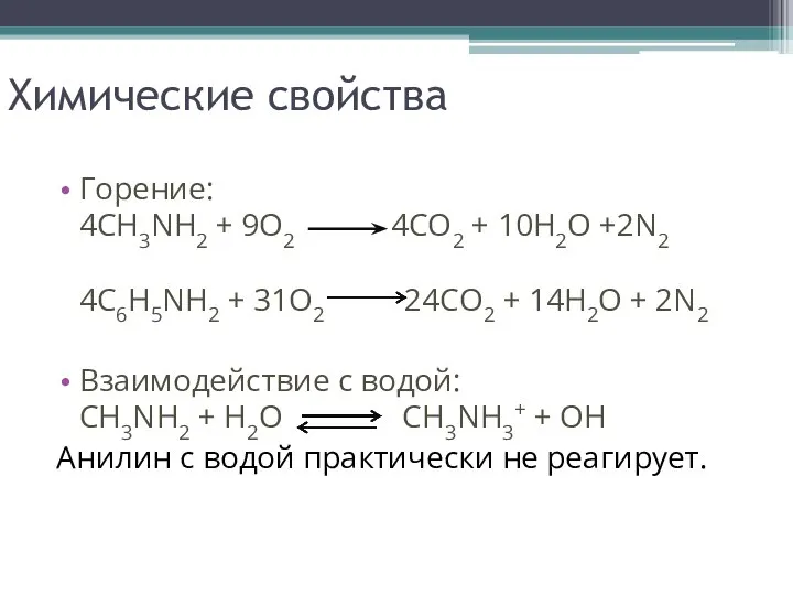 Химические свойства Горение: 4CH3NH2 + 9O2 4CO2 + 10H2O +2N2 4C6H5NH2