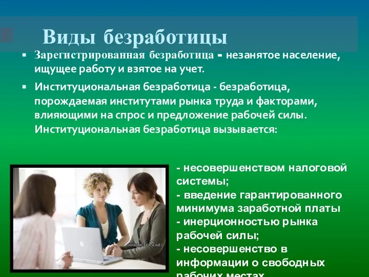 Виды безработицы Зарегистрированная безработица - незанятое население, ищущее работу и взятое