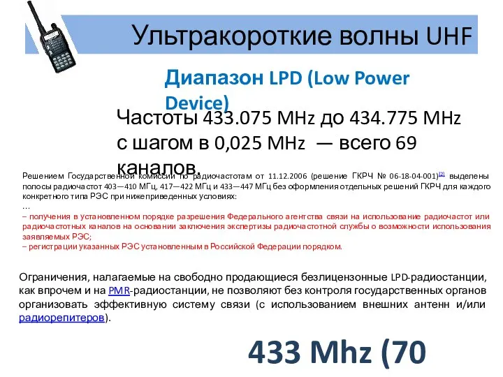 Ультракороткие волны UHF 433 Mhz (70 см.) Диапазон LPD (Low Power