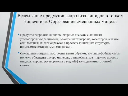 Всасывание продуктов гидролиза липидов в тонком кишечнике. Образование смешанных мицелл Продукты