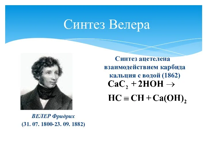 Синтез Велера ВЕЛЕР Фридрих (31. 07. 1800-23. 09. 1882) Синтез ацетелена