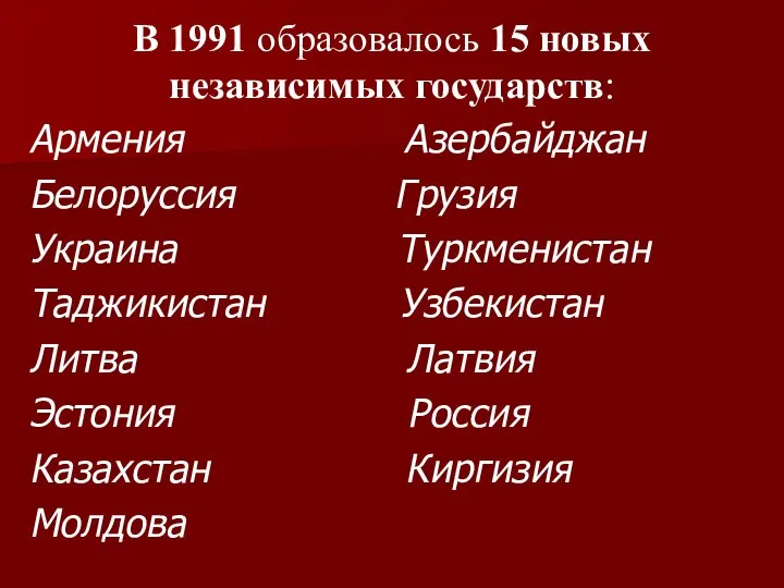 В 1991 образовалось 15 новых независимых государств: Армения Азербайджан Белоруссия Грузия