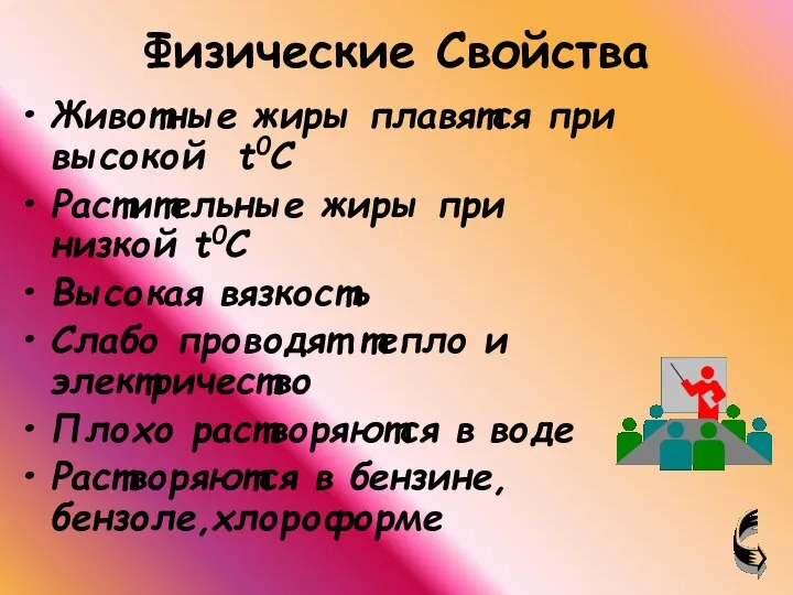 Физические Свойства Животные жиры плавятся при высокой t0C Растительные жиры при