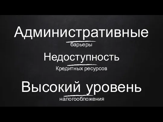 Административные барьеры Высокий уровень налогообложения Недоступность Кредитных ресурсов