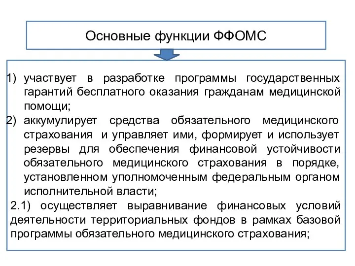 Основные функции ФФОМС участвует в разработке программы государственных гарантий бесплатного оказания