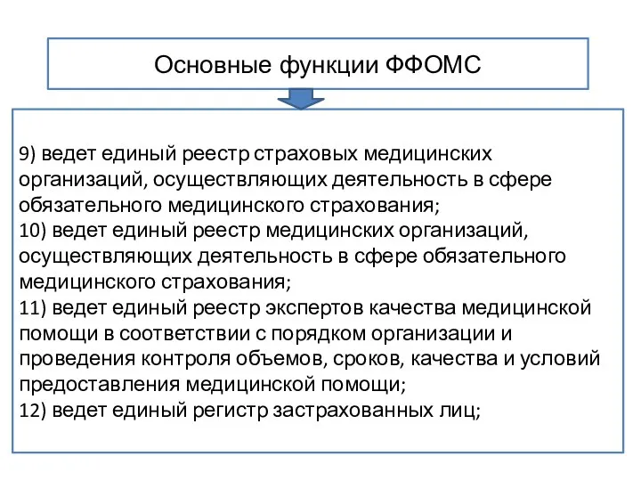 Основные функции ФФОМС 9) ведет единый реестр страховых медицинских организаций, осуществляющих