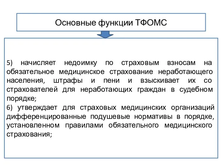 Основные функции ТФОМС 5) начисляет недоимку по страховым взносам на обязательное