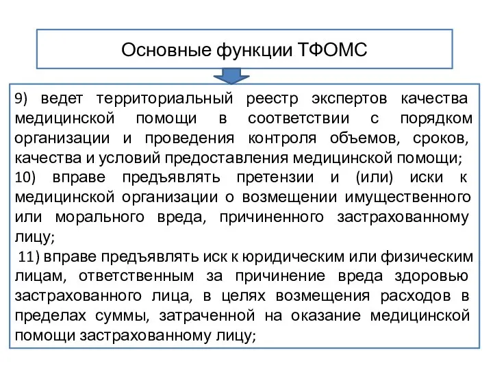 Основные функции ТФОМС 9) ведет территориальный реестр экспертов качества медицинской помощи