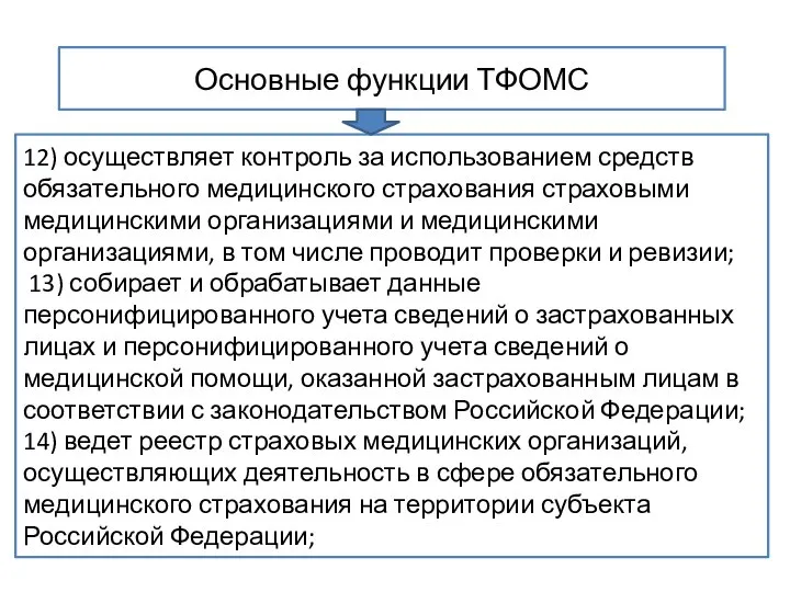 Основные функции ТФОМС 12) осуществляет контроль за использованием средств обязательного медицинского