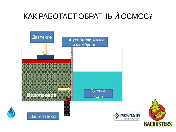 КАК РАБОТАЕТ ОБРАТНЫЙ ОСМОС? Давление Готовая вода Лишняя вода Полунепроницаемая мембрана