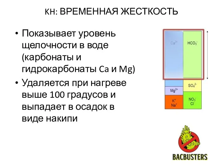 KH: ВРЕМЕННАЯ ЖЕСТКОСТЬ Показывает уровень щелочности в воде (карбонаты и гидрокарбонаты