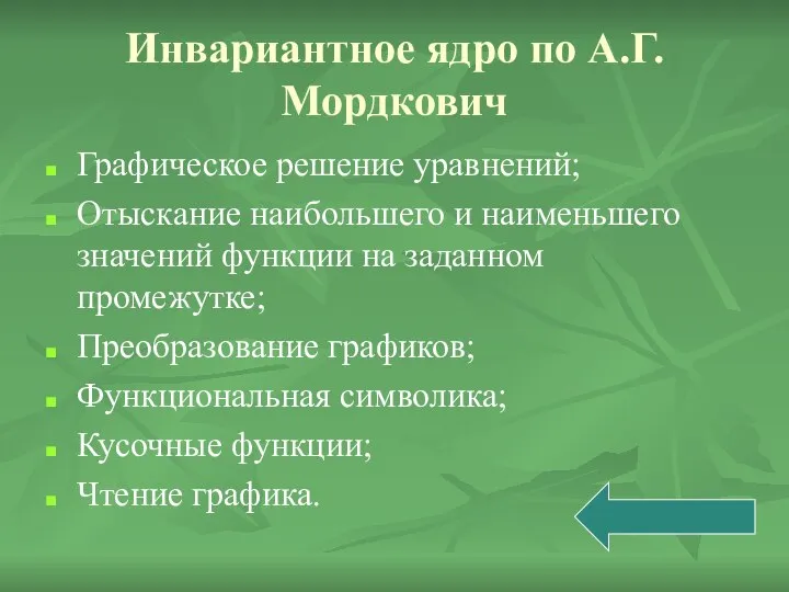 Инвариантное ядро по А.Г.Мордкович Графическое решение уравнений; Отыскание наибольшего и наименьшего