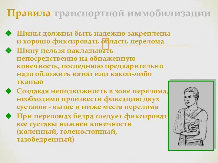 Правила транспортной иммобилизации Шины должны быть надежно закреплены и хорошо фиксировать