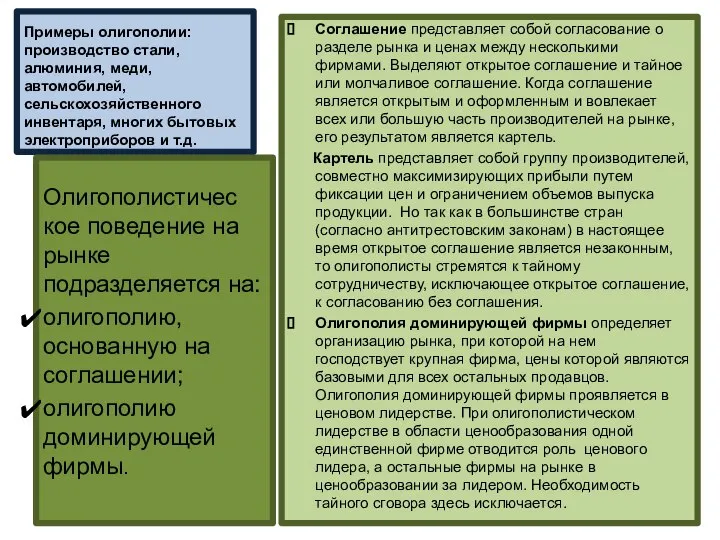 Примеры олигополии: производство стали, алюминия, меди, автомобилей, сельскохозяйственного инвентаря, многих бытовых