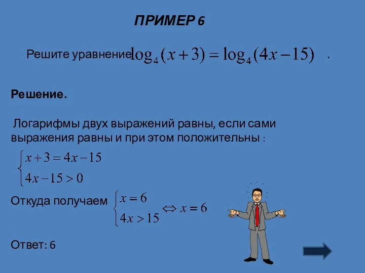 ПРИМЕР 6 Решение. Логарифмы двух выражений равны, если сами выражения равны