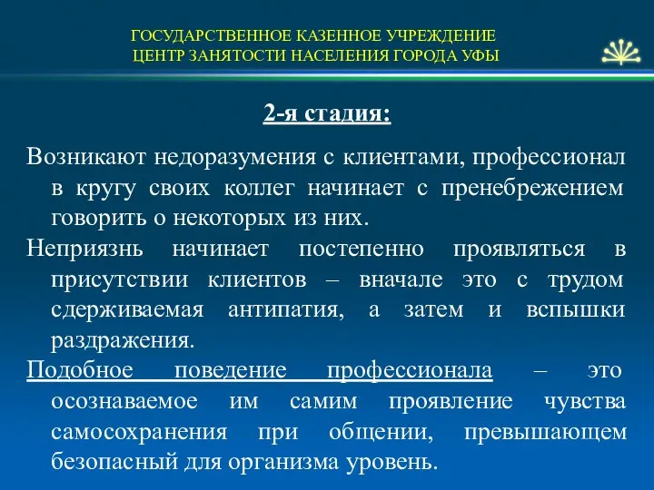 ГОСУДАРСТВЕННОЕ КАЗЕННОЕ УЧРЕЖДЕНИЕ ЦЕНТР ЗАНЯТОСТИ НАСЕЛЕНИЯ ГОРОДА УФЫ 2-я стадия: Возникают