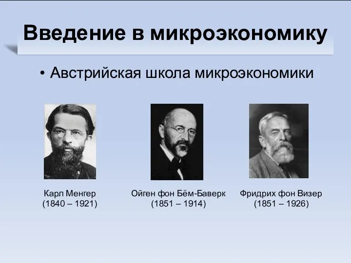 Австрийская школа микроэкономики Введение в микроэкономику Карл Менгер (1840 – 1921)