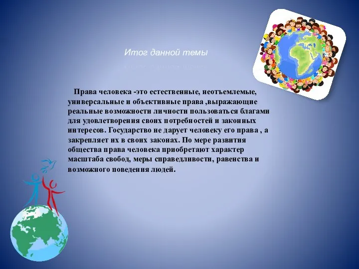 \ Права человека -это естественные, неотъемлемые, универсальные и объективные права ,выражающие