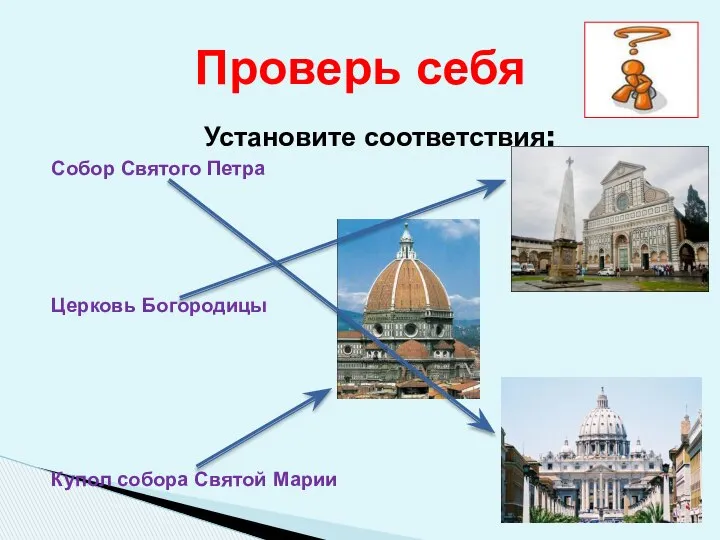 Проверь себя Установите соответствия: Собор Святого Петра Церковь Богородицы Купол собора Святой Марии