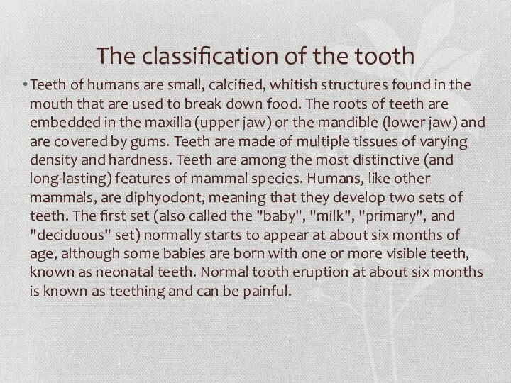 The classification of the tooth Teeth of humans are small, calcified,