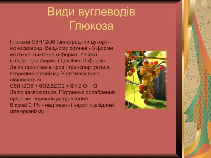 Види вуглеводів Глюкоза Глюкоза C6H12O6 (виноградний цукор) - моносахарид. Ввідному розчині