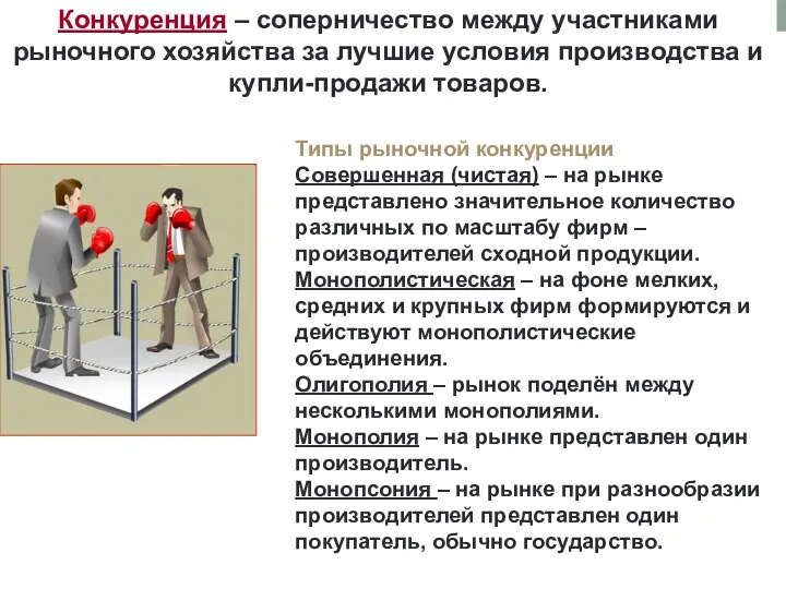 Конкуренция – соперничество между участниками рыночного хозяйства за лучшие условия производства