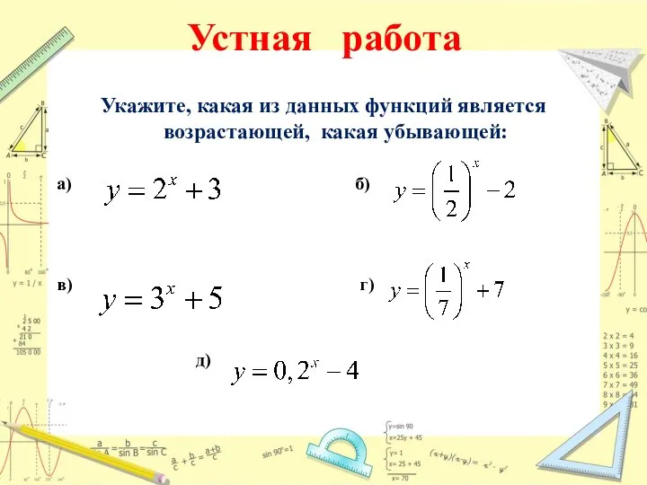 Устная работа Укажите, какая из данных функций является возрастающей, какая убывающей: а) б) в) г) д)