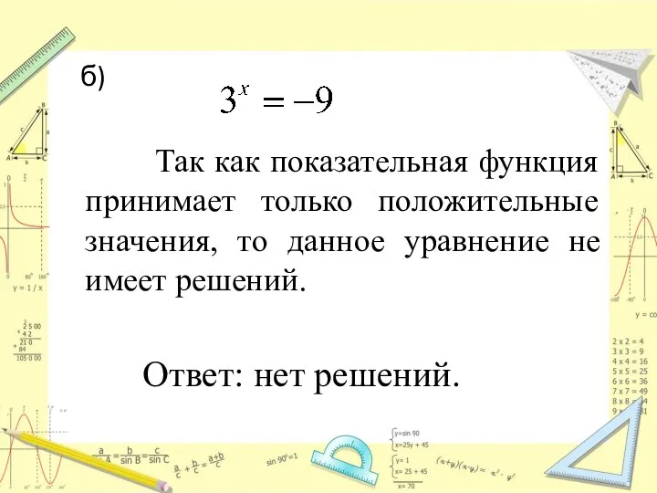 б) Так как показательная функция принимает только положительные значения, то данное