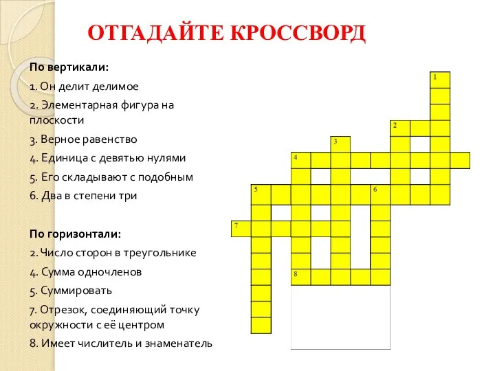 ОТГАДАЙТЕ КРОССВОРД По вертикали: 1. Он делит делимое 2. Элементарная фигура