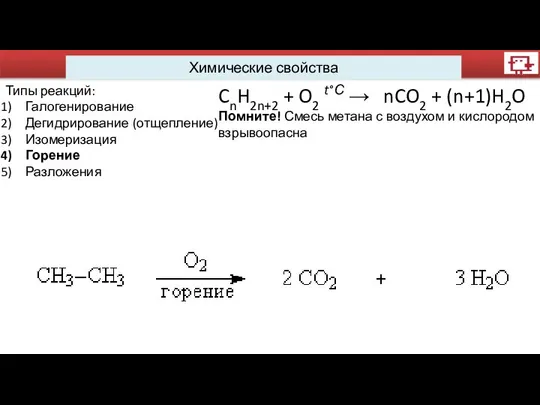 Химические свойства Типы реакций: Галогенирование Дегидрирование (отщепление) Изомеризация Горение Разложения CnH2n+2