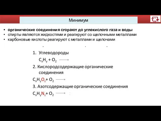 Минимум органические соединения сгорают до углекислого газа и воды спирты являются